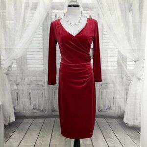 NWT J. Howard Size 8 Ruby Red V Neck Ruched Stretch Velvet Midi Dress Sheath